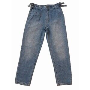 Forever 21 Women’s High Waist Mom Jeans Size 27 Blue Denim Pleated Buckle Detail